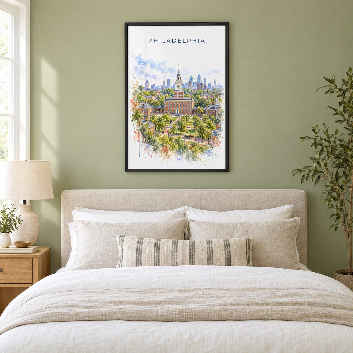 Philadelphia watercolor print in a black frame above an upholstered headboard in a sage green bedroom
