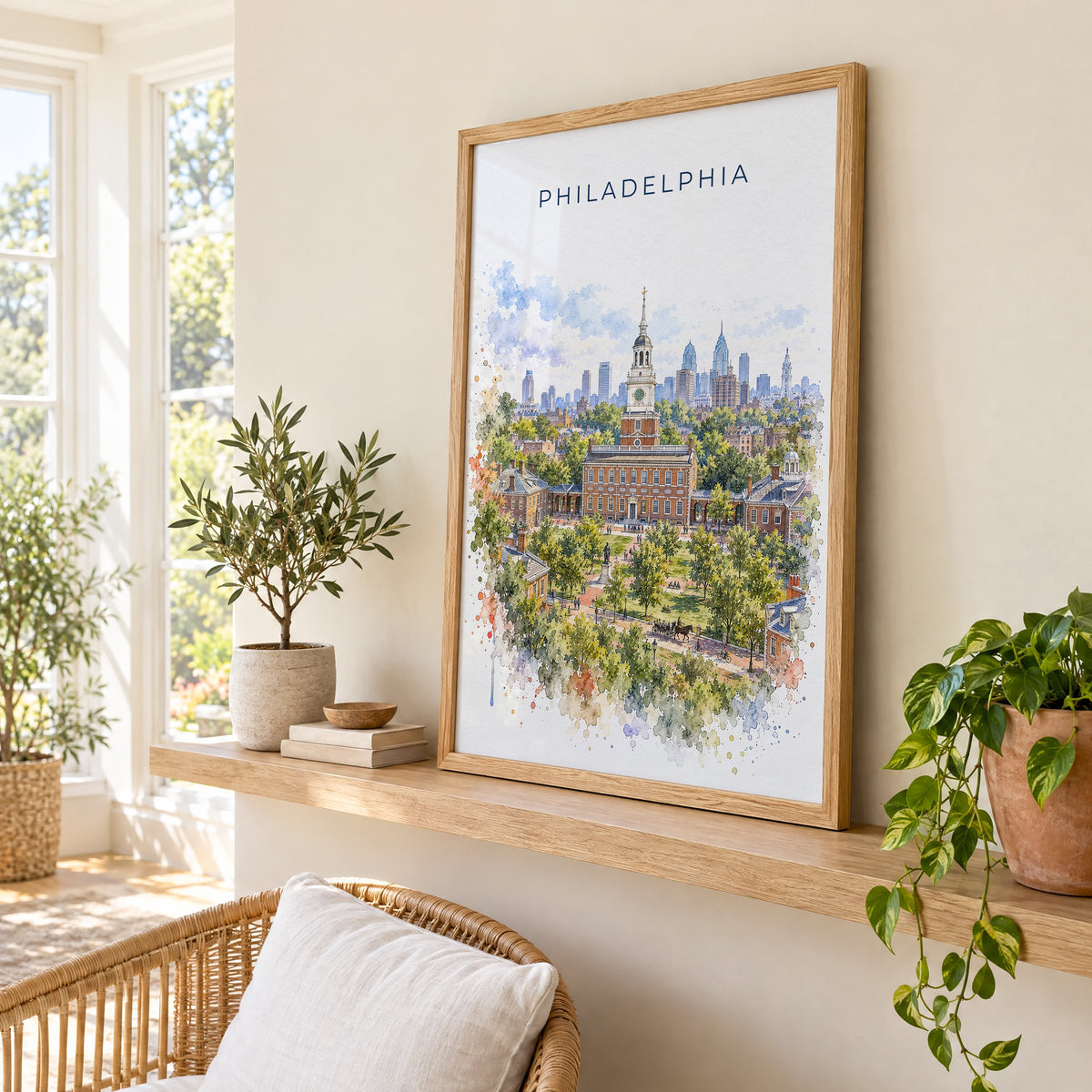 Philadelphia watercolor print in an oak frame on a picture ledge in a sunlit sunroom