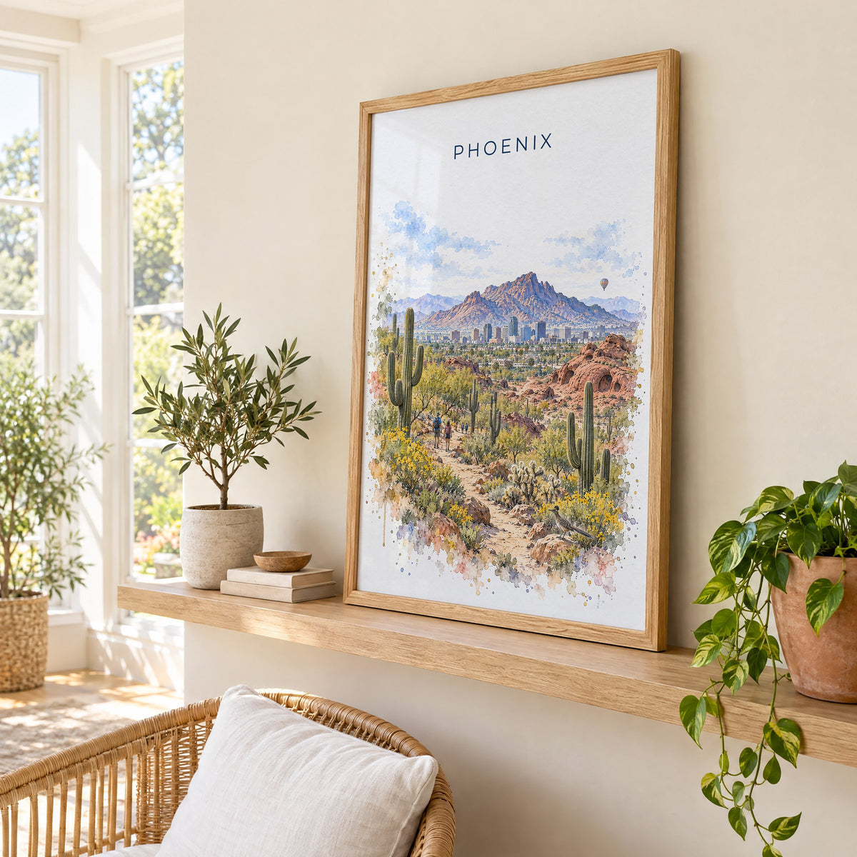 Phoenix watercolor print in an oak frame on a picture ledge in a sunlit sunroom