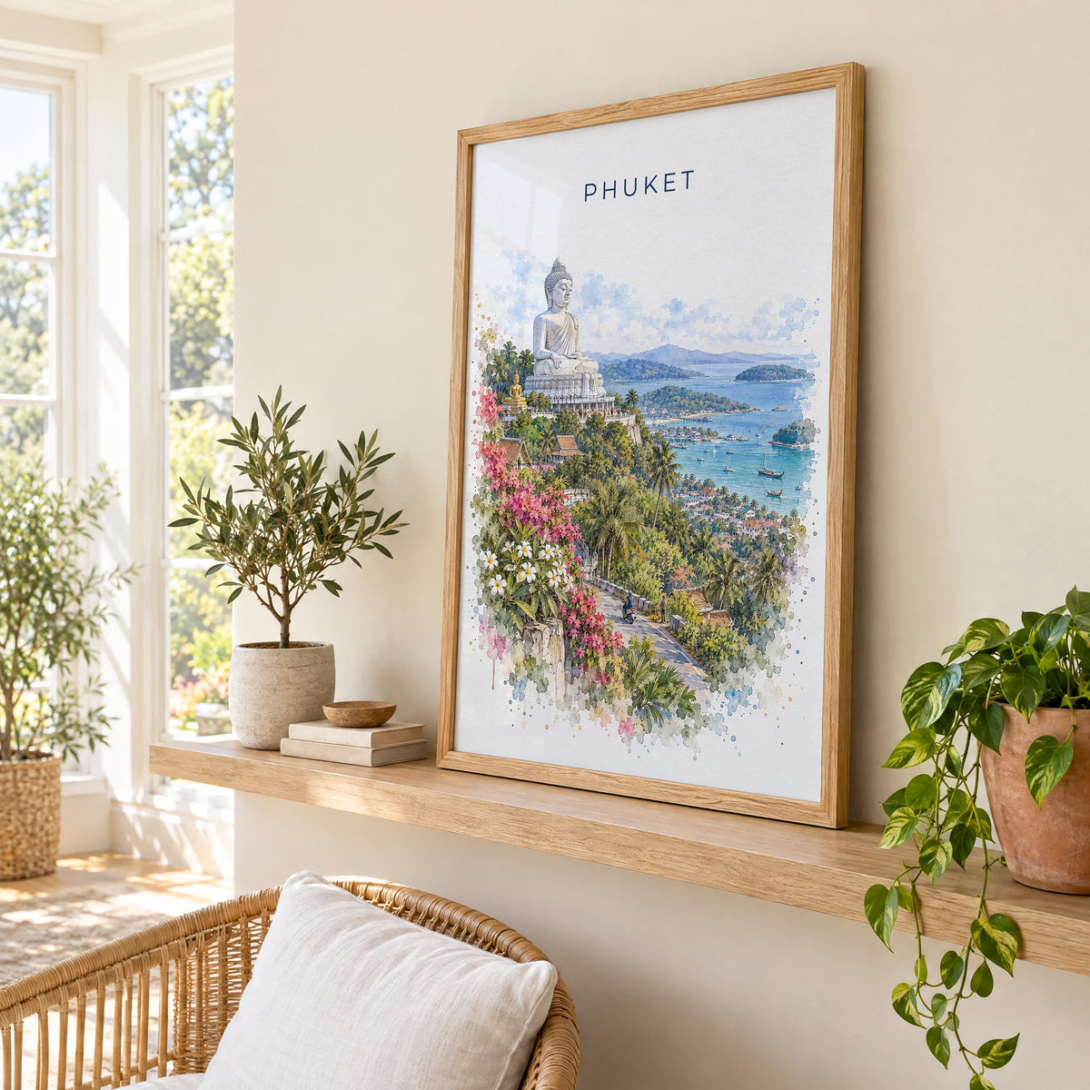 Phuket watercolor print in an oak frame on a picture ledge in a sunlit sunroom