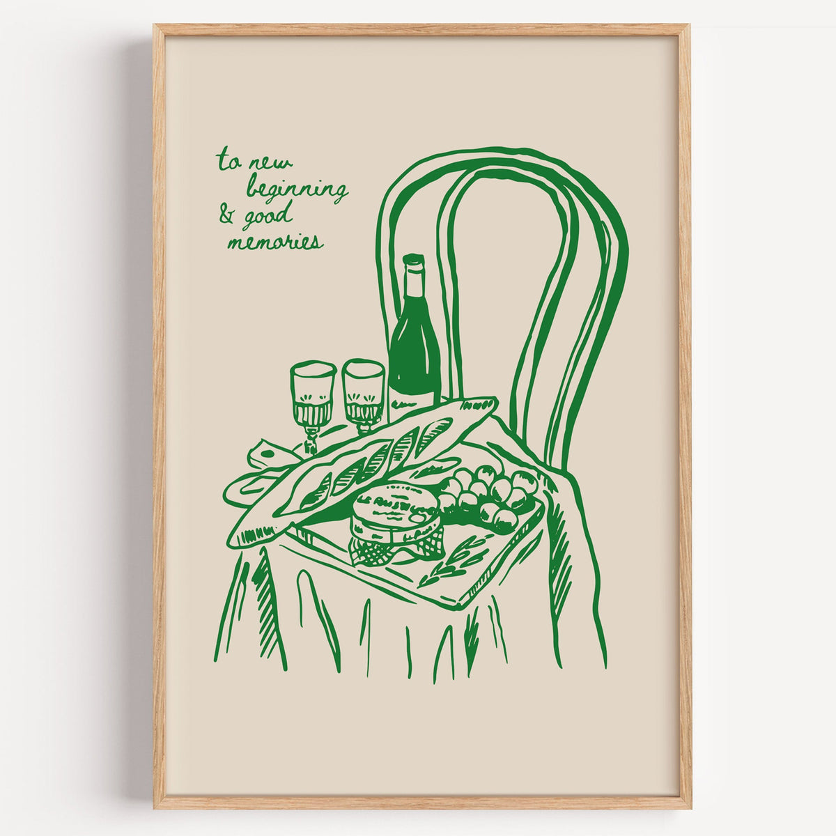 Picnic basket on a bistro chair poster in green ink on a plain white background