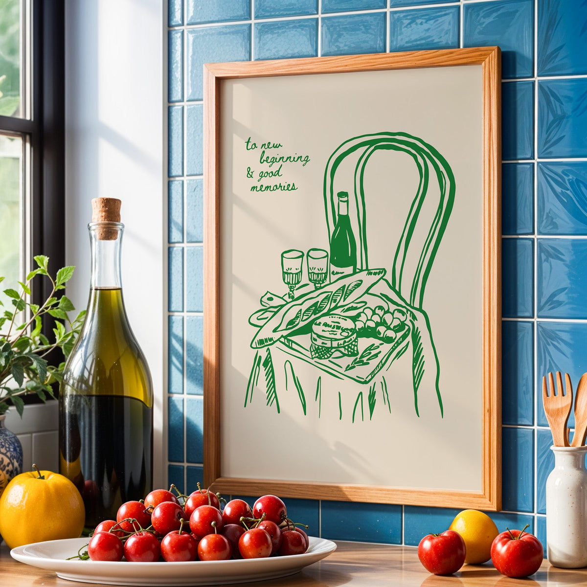 Picnic basket print in an oak frame against blue kitchen tiles with olive oil