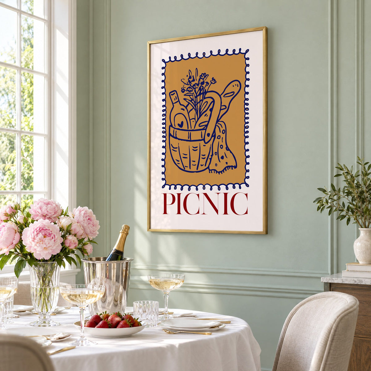 PICNIC basket wine and baguette stamp print in a brass frame on a sage wall above a brunch table with champagne and peonies, seen at an angle