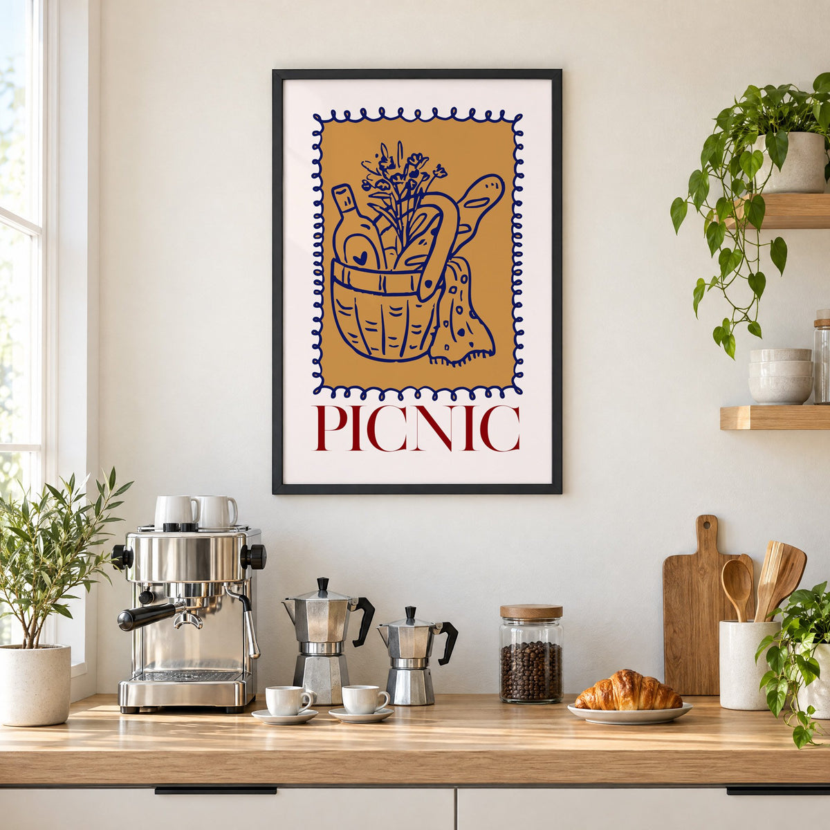PICNIC basket wine and baguette stamp print in a black frame above a home espresso bar with moka pots and espresso cups