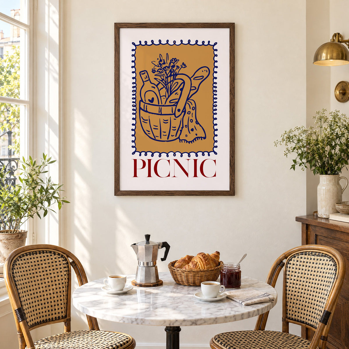 PICNIC basket wine and baguette stamp print in a walnut frame above a marble bistro table with croissants and rattan chairs