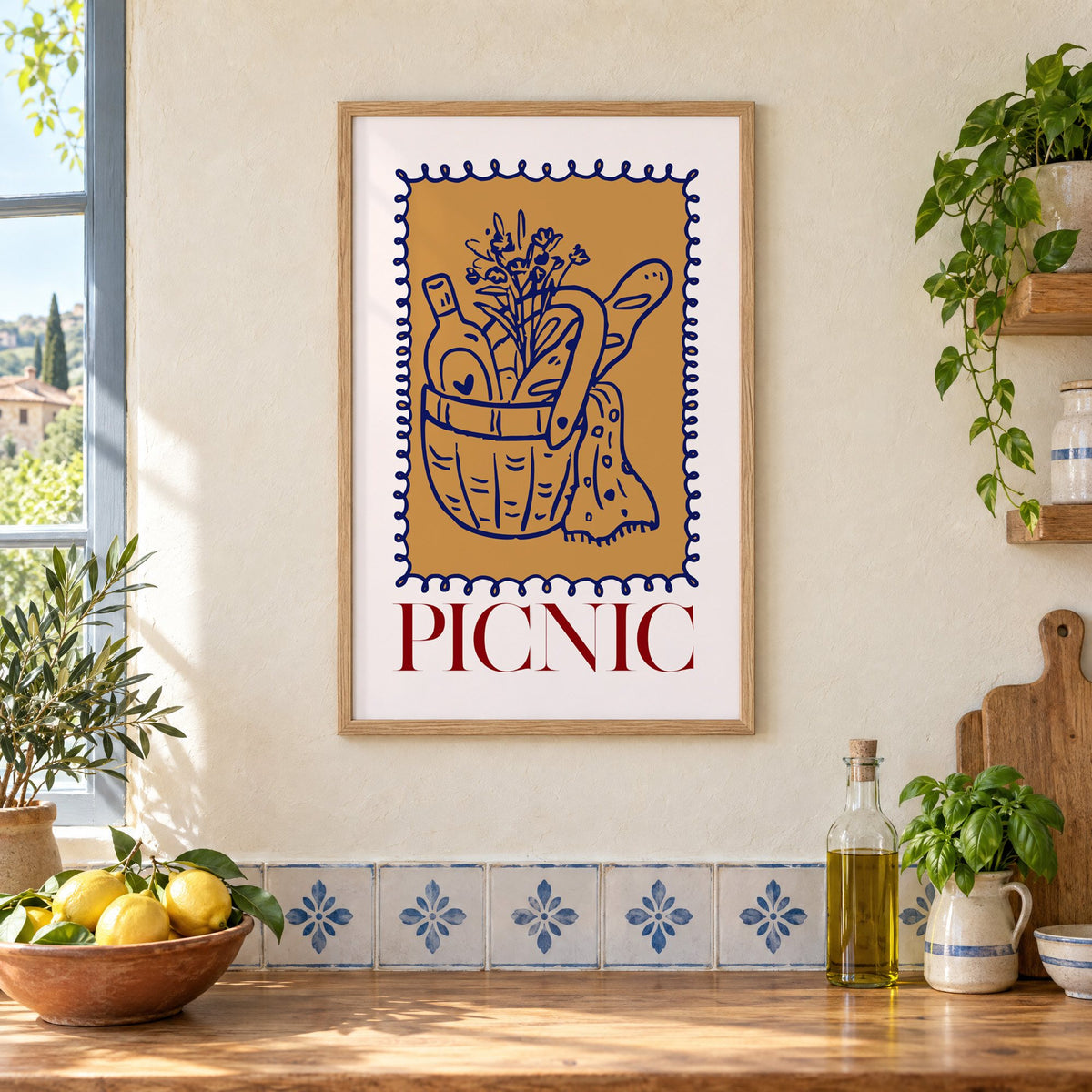 PICNIC basket wine and baguette stamp print in an oak frame on a cream plaster wall above a worktop with a bowl of lemons and blue-and-white tiles