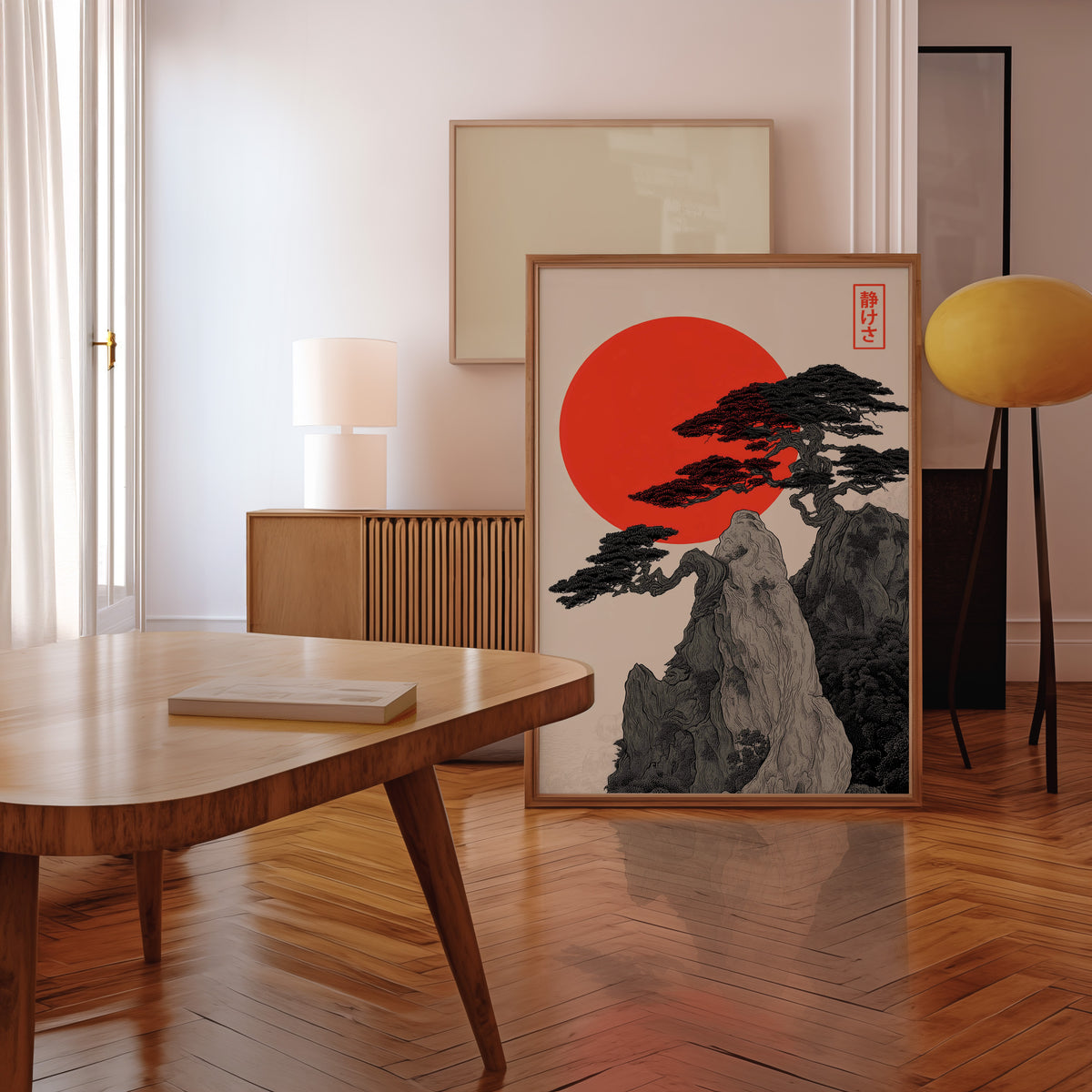 Ink pine cliff with red sun print in a walnut frame leaning in a mid-century living room