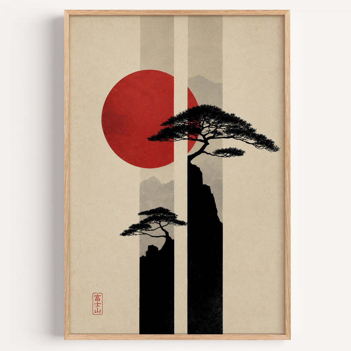 pine cliffs with red sun and stripes print in a light oak frame on a plain white wall