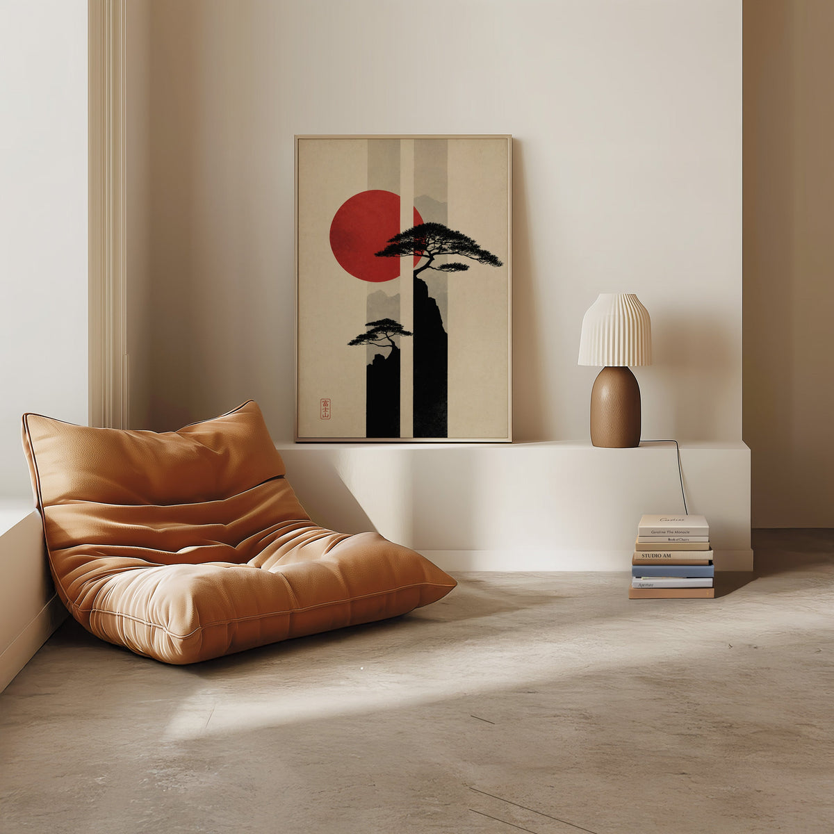 pine cliffs with red sun and stripes print in a light oak frame on a white ledge by a tan leather floor chair