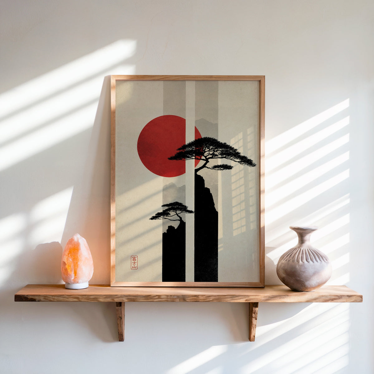 pine cliffs with red sun and stripes print in an oak frame on a live-edge wall shelf with a salt lamp and clay vase