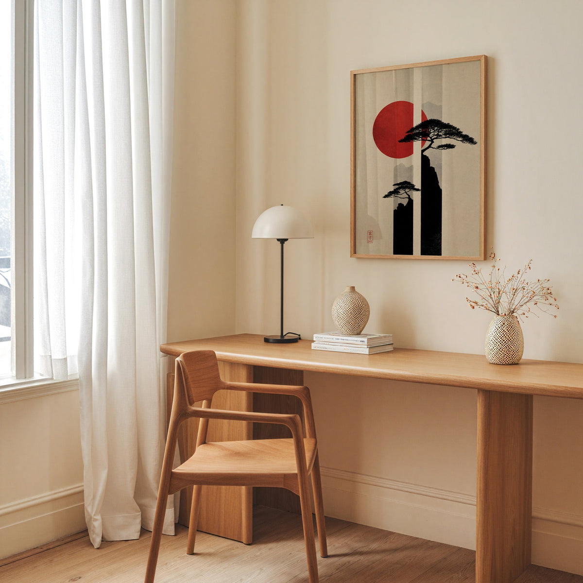 pine cliffs with red sun and stripes print in an oak frame above a long oak desk with a white dome lamp and woven vases
