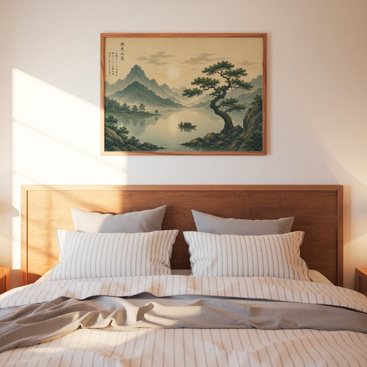 Pine tree over a mountain lake at sunrise print in a warm wood frame above a bed with striped linen bedding
