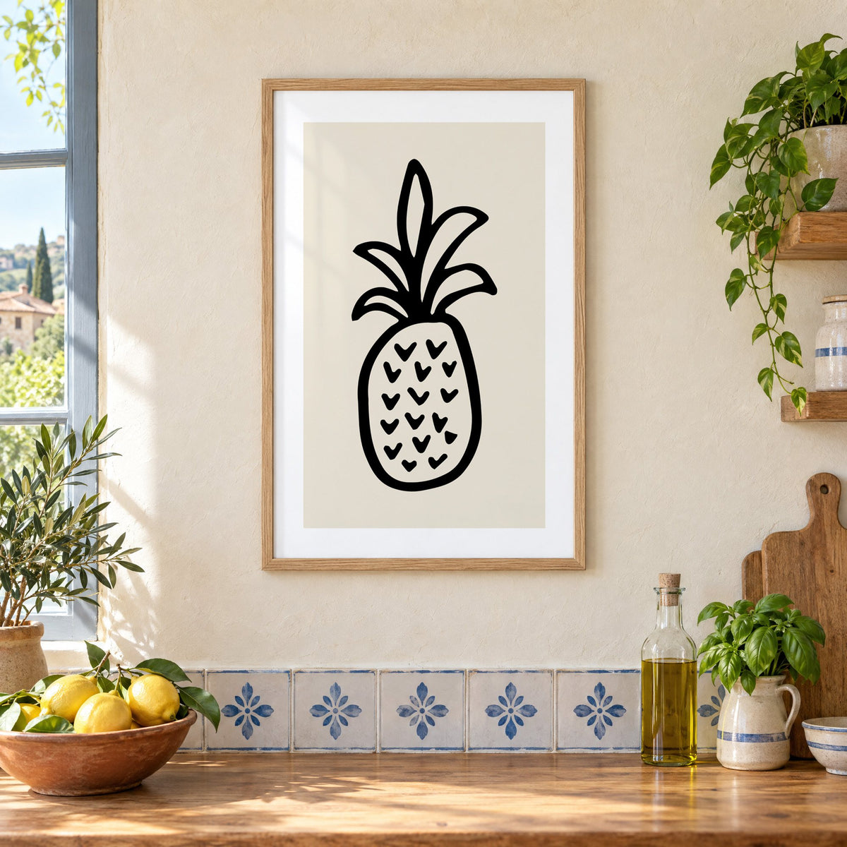 black ink line pineapple beige print in an oak frame on a cream plaster wall above a worktop with a bowl of lemons and blue-and-white tiles