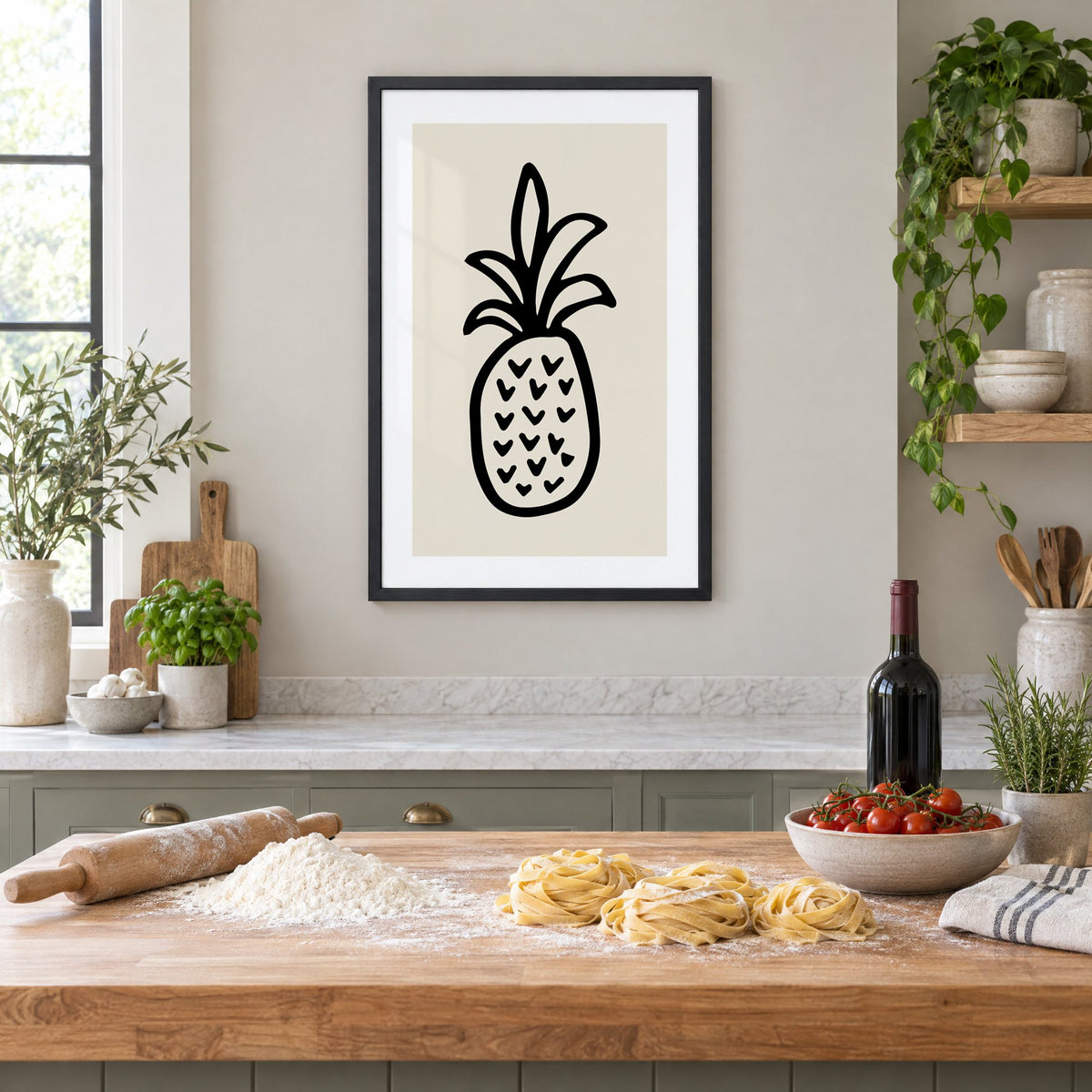 black ink line pineapple beige print in a black frame above a butcher-block island with fresh pasta, flour and cherry tomatoes