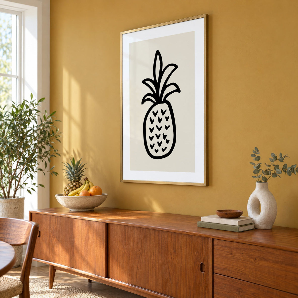 black ink line pineapple beige print in a brass frame on a mustard wall above a teak sideboard with a fruit bowl, seen at an angle
