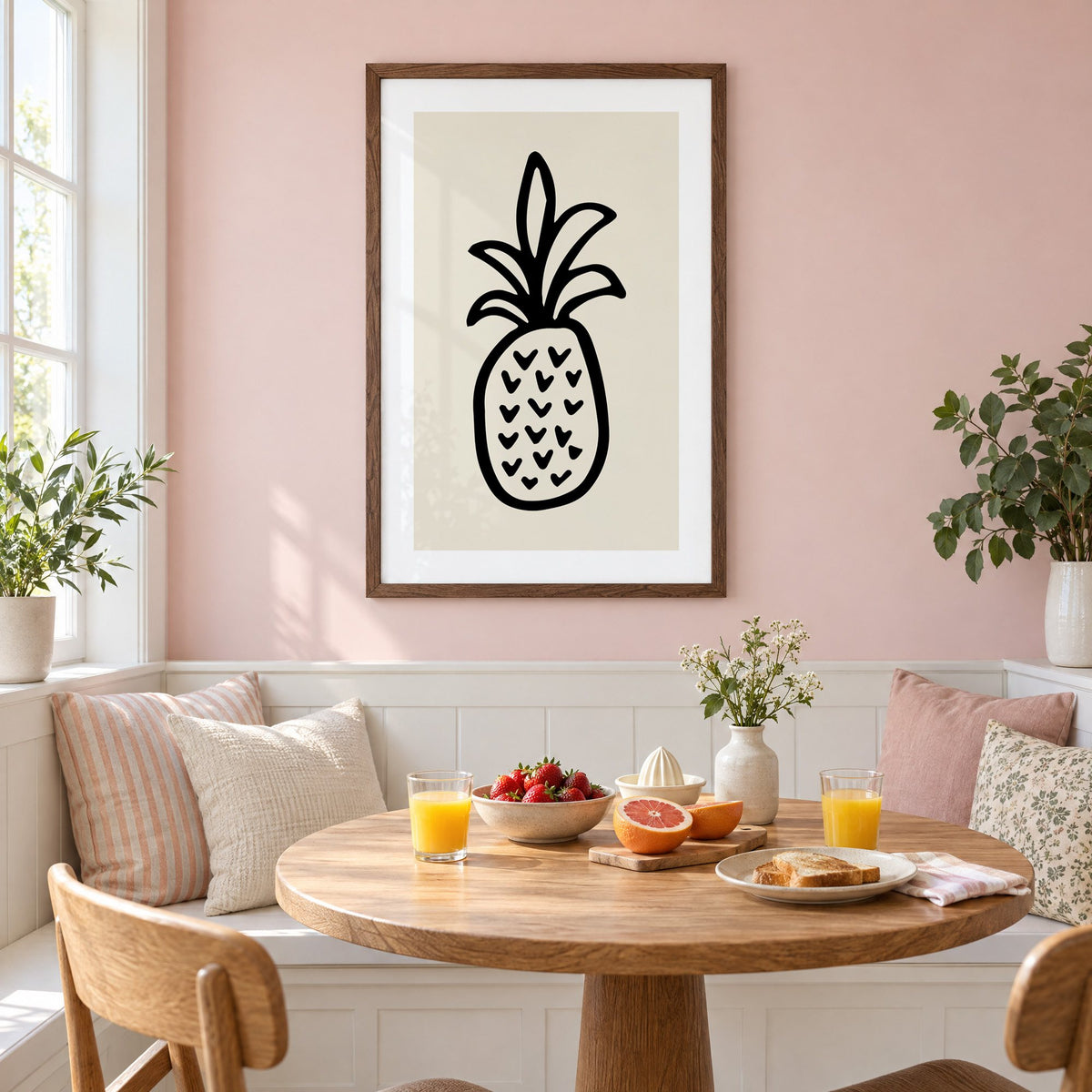 black ink line pineapple beige print in a walnut frame on a pastel pink wall above a breakfast nook with strawberries and orange juice