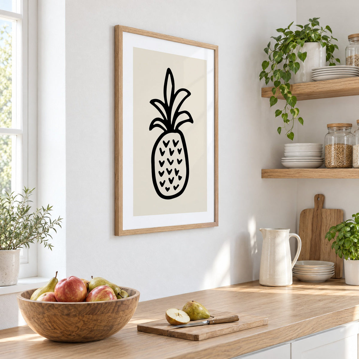 black ink line pineapple beige print in an oak frame on a white kitchen wall above a counter with apples and pears, seen at an angle