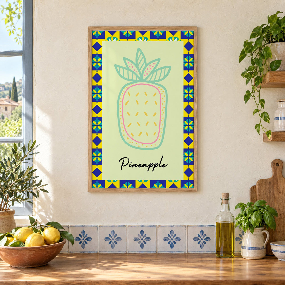 Pineapple mint line-art tile border print in an oak frame on a cream plaster wall above a worktop with a bowl of lemons and blue-and-white tiles