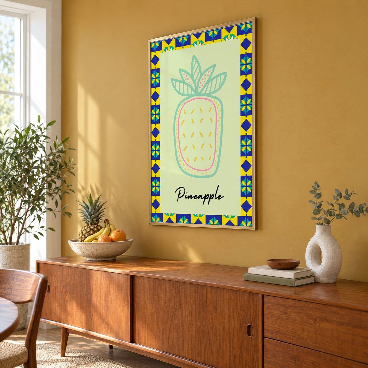 Pineapple mint line-art tile border print in a brass frame on a mustard wall above a teak sideboard with a fruit bowl, seen at an angle