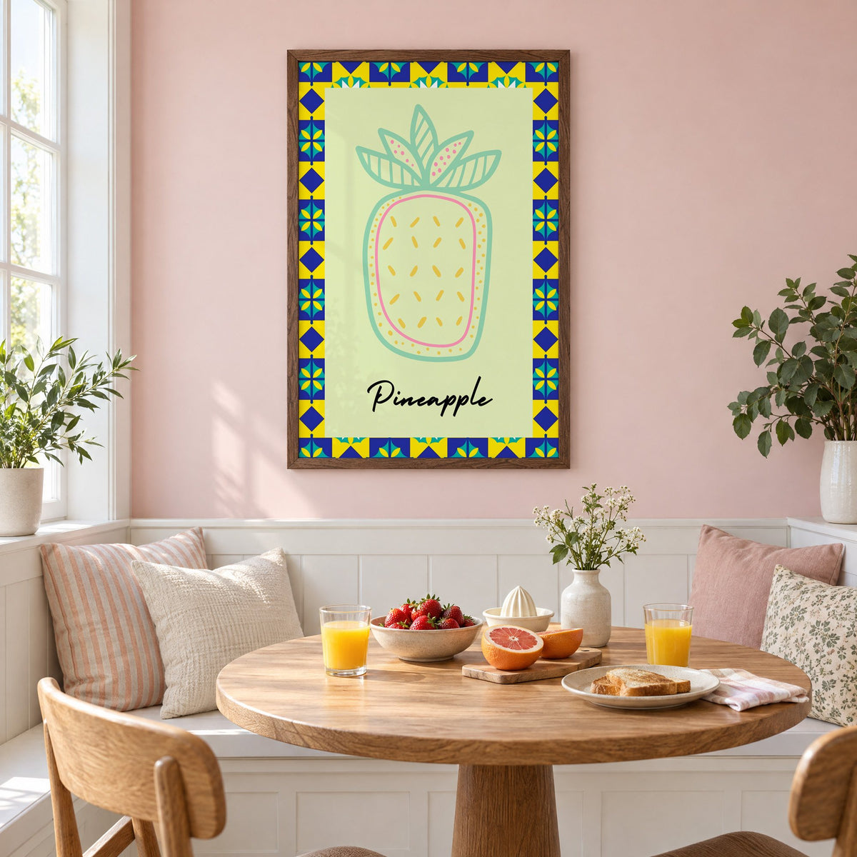 Pineapple mint line-art tile border print in a walnut frame on a pastel pink wall above a breakfast nook with strawberries and orange juice