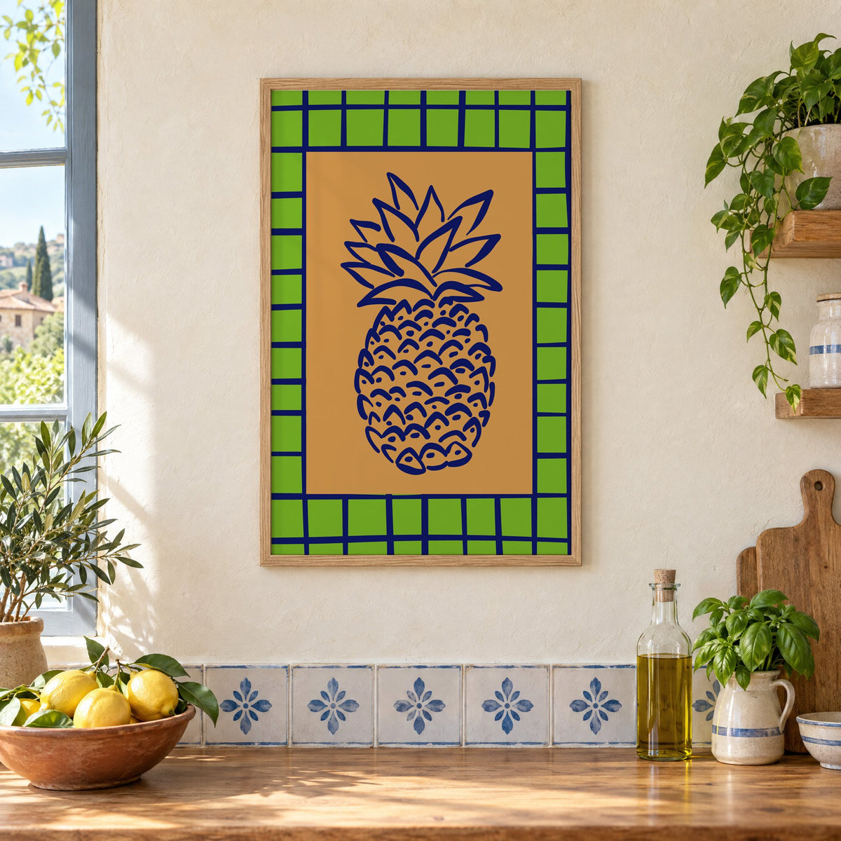 Pineapple navy line on ochre with green grid print in an oak frame on a cream plaster wall above a worktop with a bowl of lemons and blue-and-white tiles