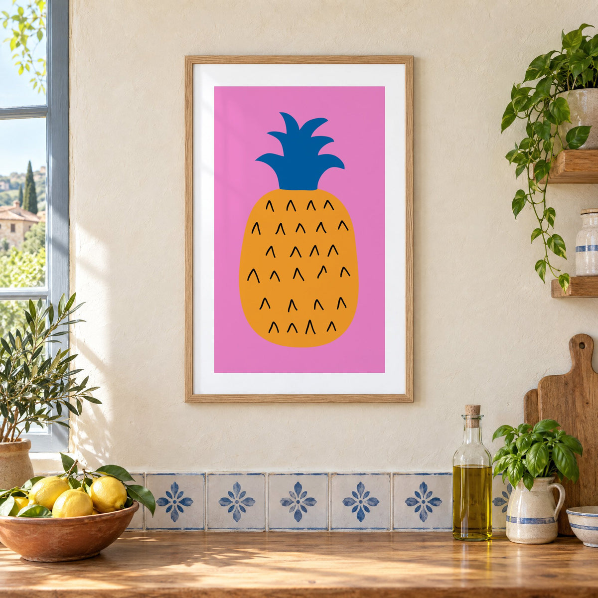 orange pineapple cobalt crown hot pink print in an oak frame on a cream plaster wall above a worktop with a bowl of lemons and blue-and-white tiles