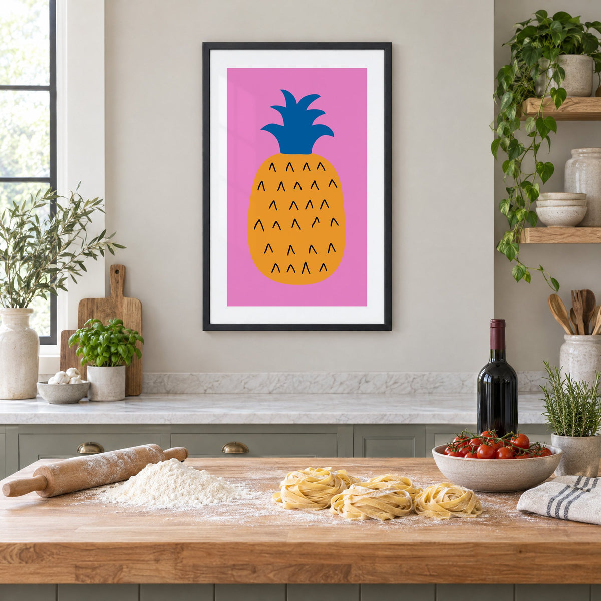 orange pineapple cobalt crown hot pink print in a black frame above a butcher-block island with fresh pasta, flour and cherry tomatoes