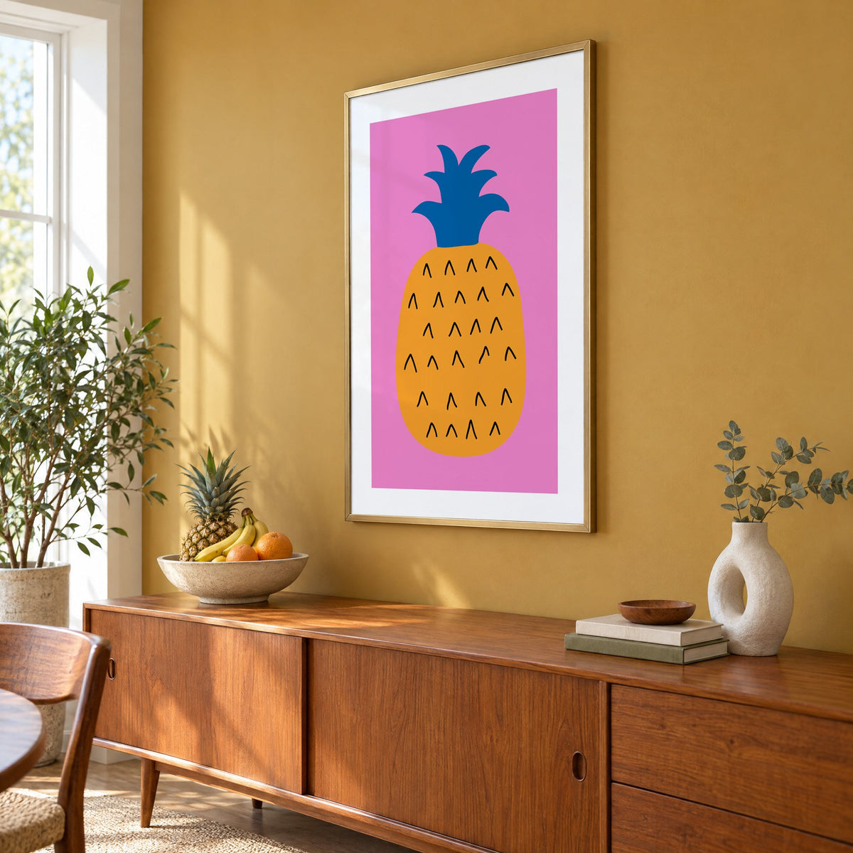 orange pineapple cobalt crown hot pink print in a brass frame on a mustard wall above a teak sideboard with a fruit bowl, seen at an angle