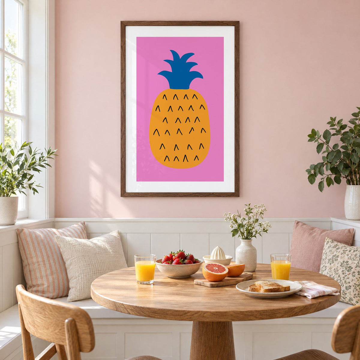 orange pineapple cobalt crown hot pink print in a walnut frame on a pastel pink wall above a breakfast nook with strawberries and orange juice