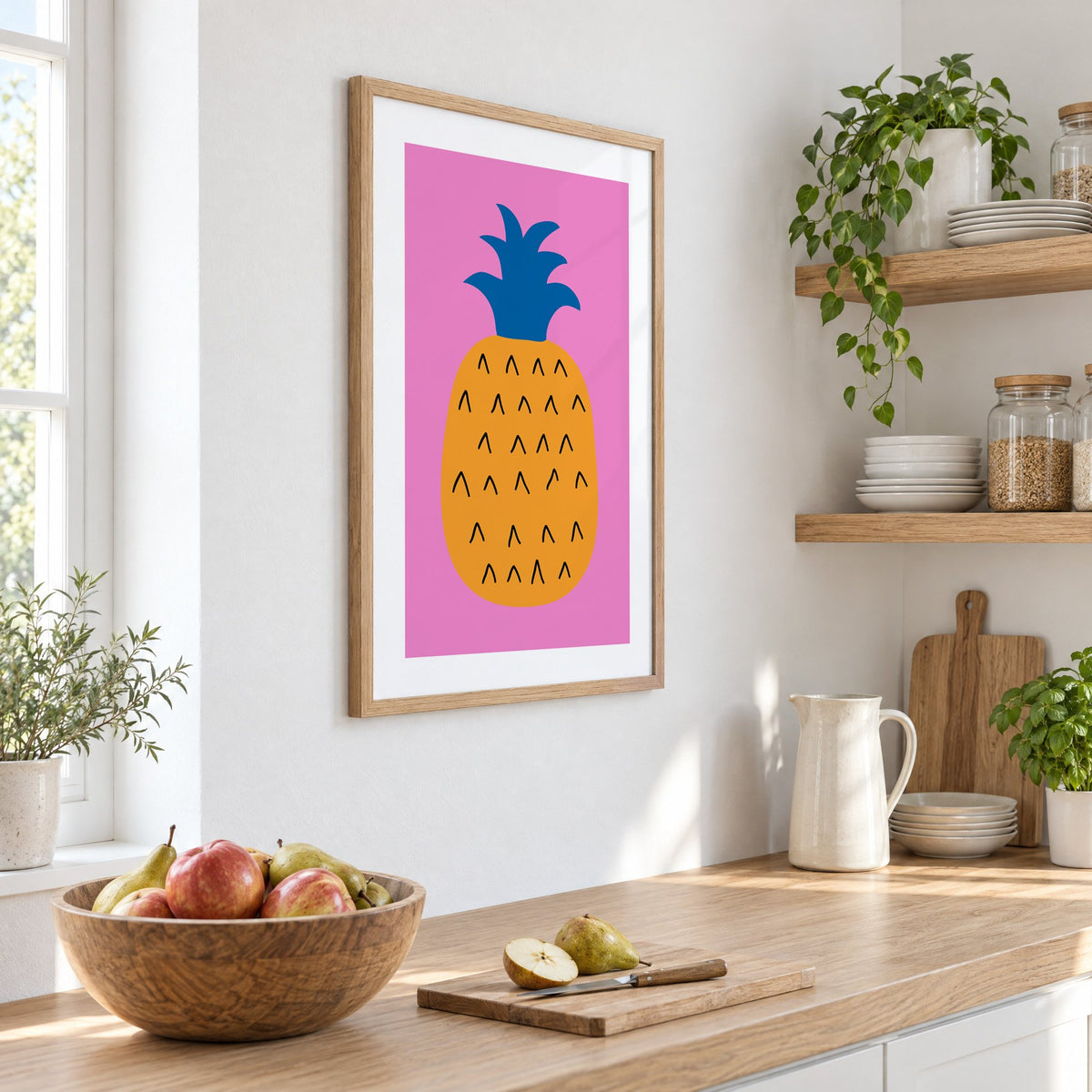 orange pineapple cobalt crown hot pink print in an oak frame on a white kitchen wall above a counter with apples and pears, seen at an angle