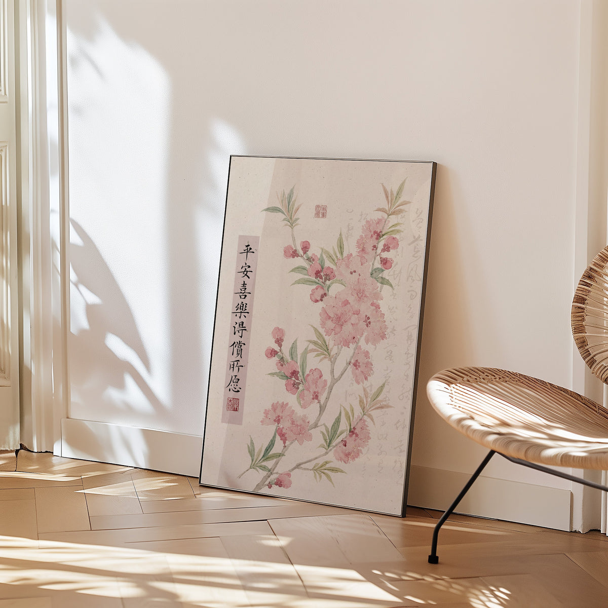 pink blossom with calligraphy blessing print in a black frame leaning on a herringbone floor beside a woven rattan chair