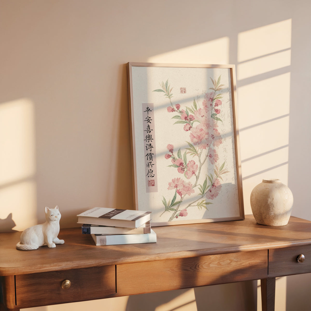 pink blossom with calligraphy blessing print shown in a rose gold frame leaning on a wooden writing desk with books