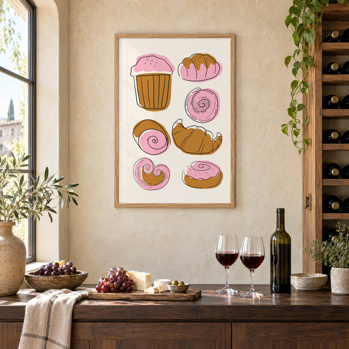 Pink and brown pastries doodle print in an oak frame on a limewashed wall above a wine counter with red wine, cheese and grapes
