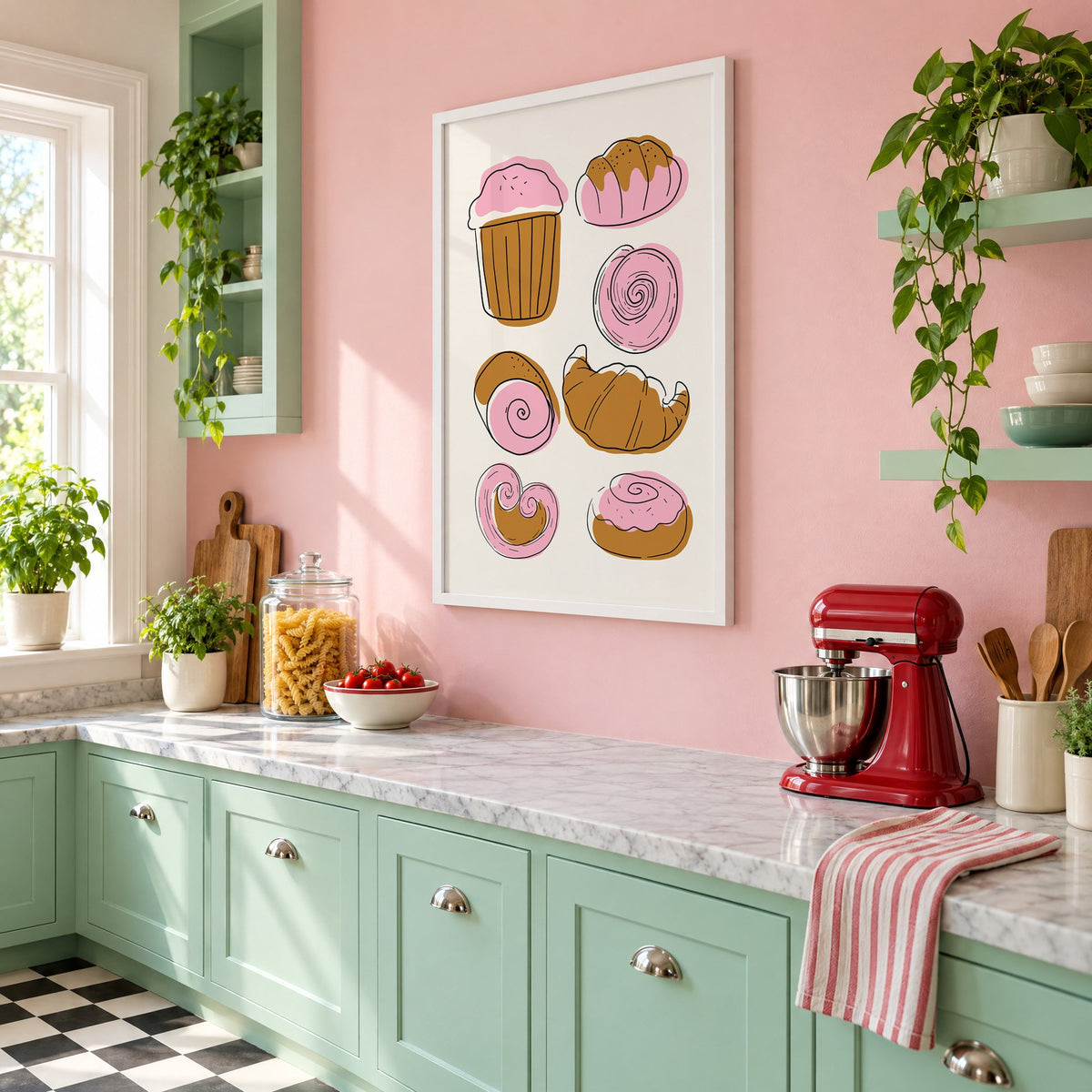 Pink and brown pastries doodle print in a white frame on a pink wall above mint green cabinets in a retro kitchen, seen at an angle