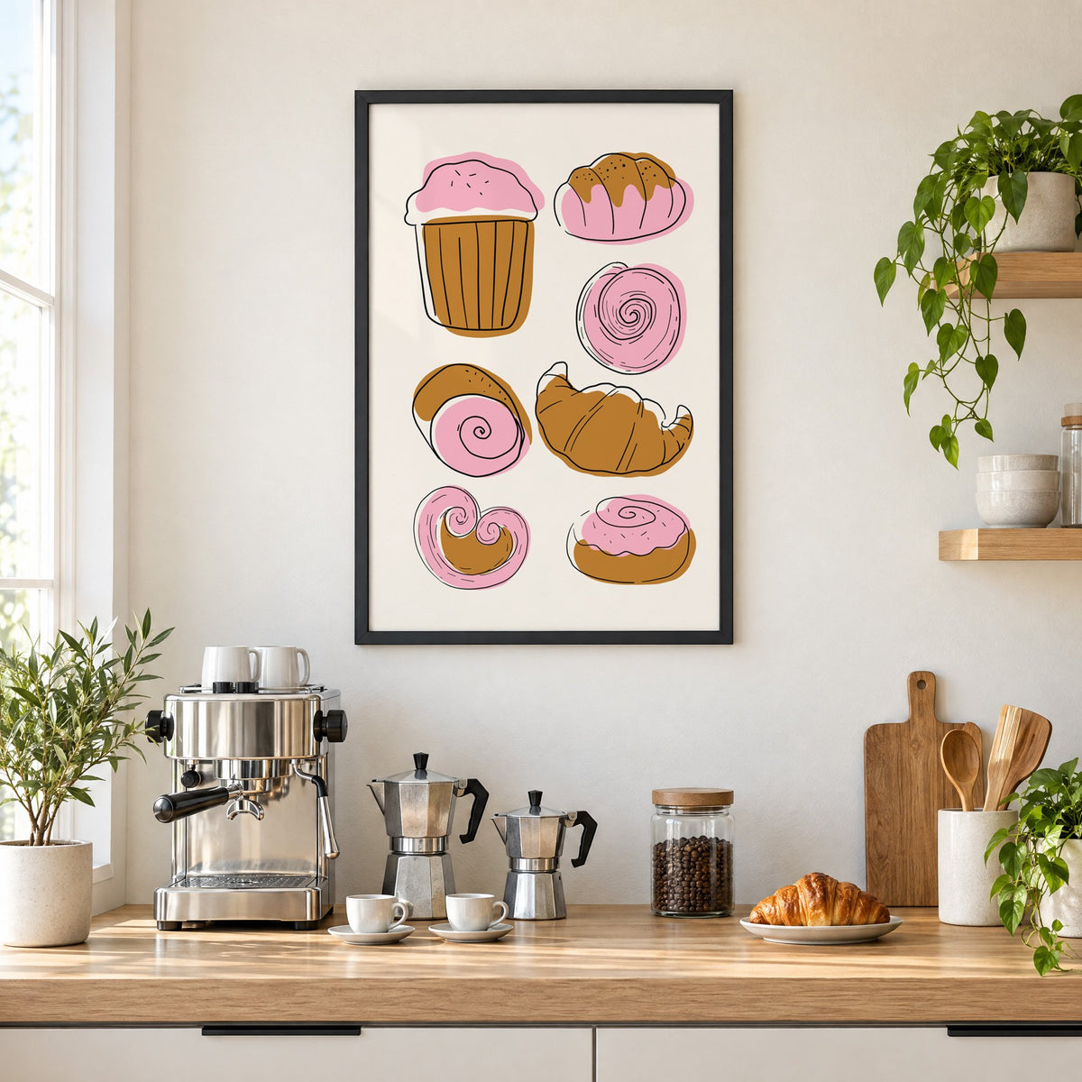 Pink and brown pastries doodle print in a black frame above a home espresso bar with moka pots and espresso cups
