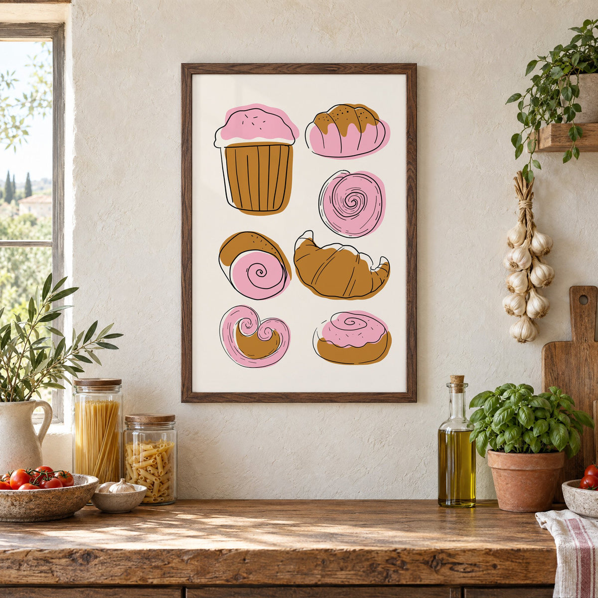 Pink and brown pastries doodle print in a walnut frame above a rustic Italian pantry counter with pasta jars, garlic and tomatoes