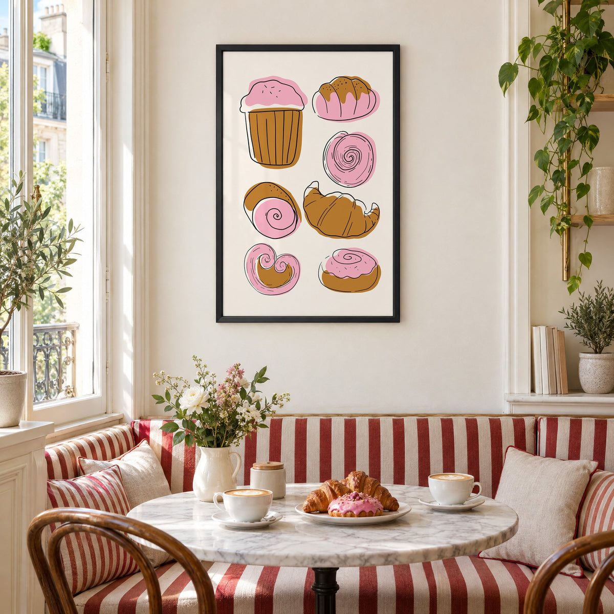 Pink and brown pastries doodle print in a black frame above a striped cafe breakfast nook with cappuccino and pastries