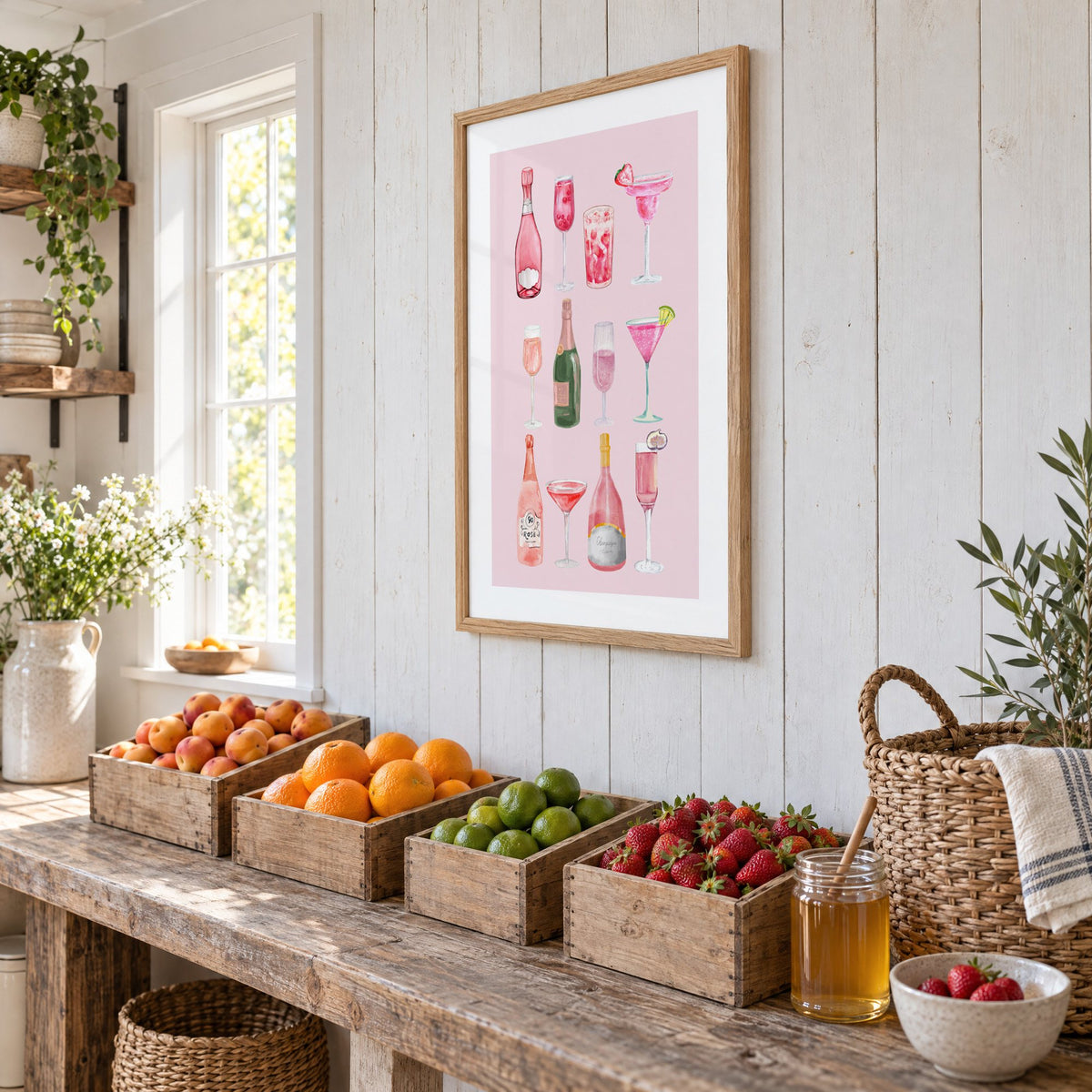 pink champagne bottles and cocktails watercolor print in an oak frame on white plank walls above wooden crates of fresh fruit, seen at an angle