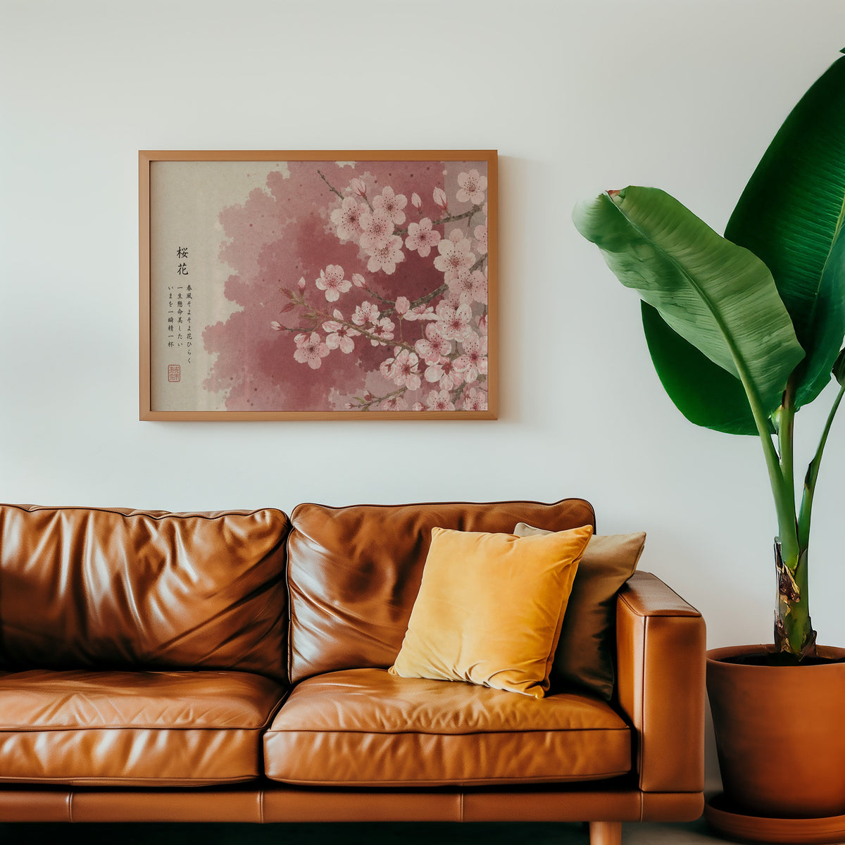 Pink cherry blossom with Japanese verse print in a warm oak frame above a cognac leather sofa with a mustard pillow
