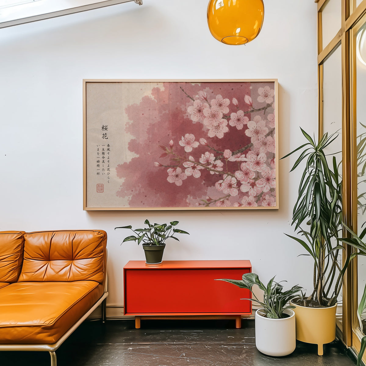 Pink cherry blossom with Japanese verse print in a light wood frame above a red cabinet beside a tan leather daybed