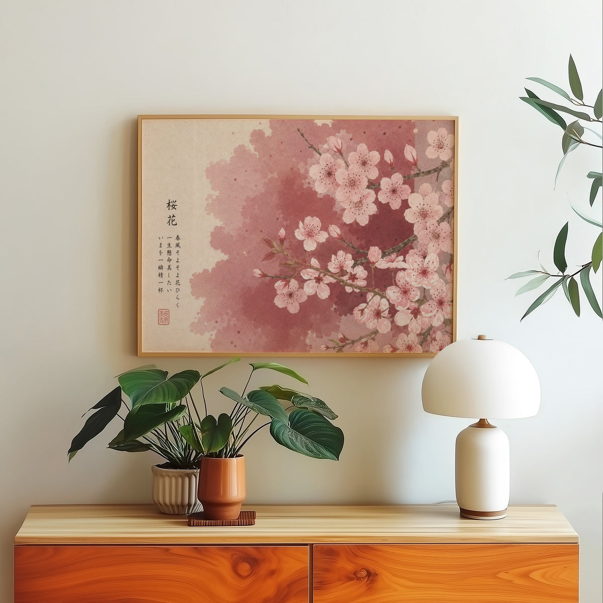 Pink cherry blossom with Japanese verse print in a light oak frame above a wood sideboard with a white dome lamp