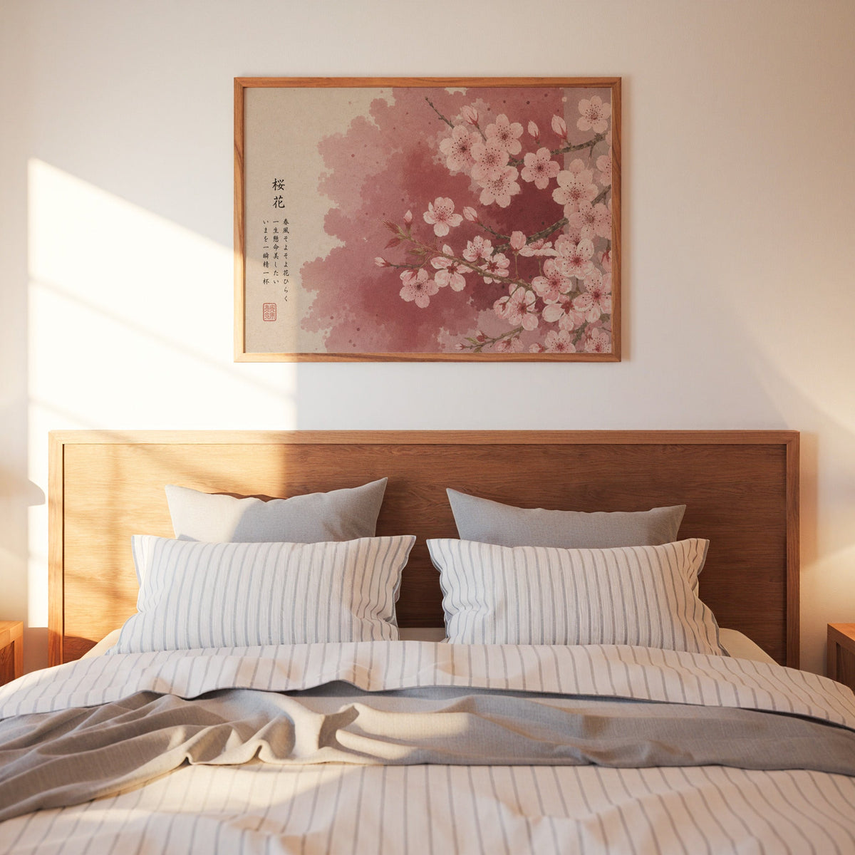 Pink cherry blossom with Japanese verse print in a warm wood frame above a bed with striped linen bedding