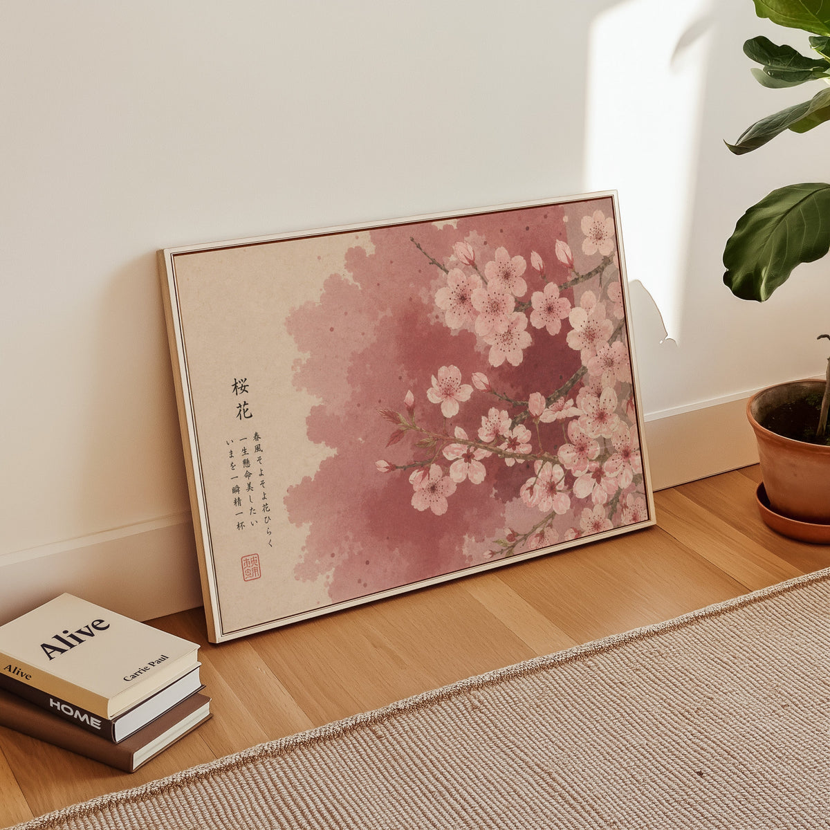 Pink cherry blossom with Japanese verse print in a white floater frame leaning on a wood floor beside stacked books