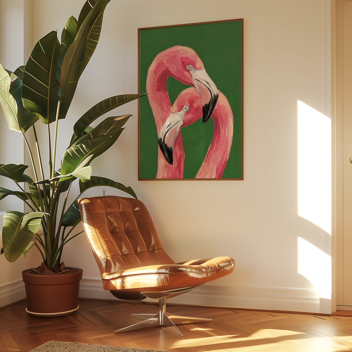 Two flamingos on green print in a slim walnut frame above a tan leather lounge chair