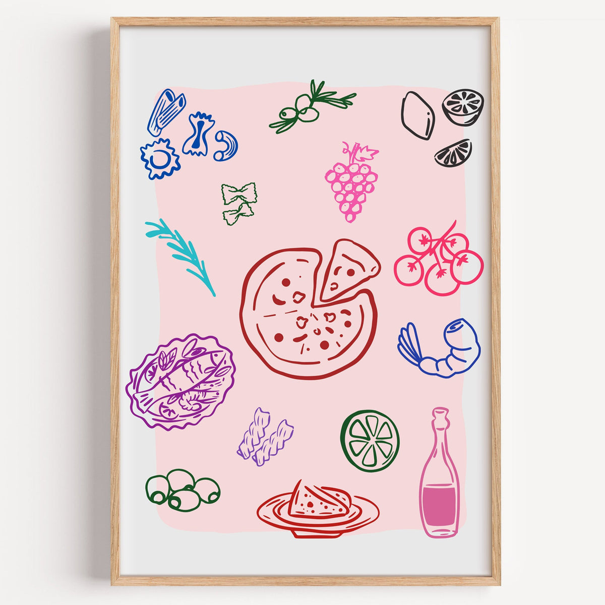 Pink food doodle print in a light oak frame on a plain white wall