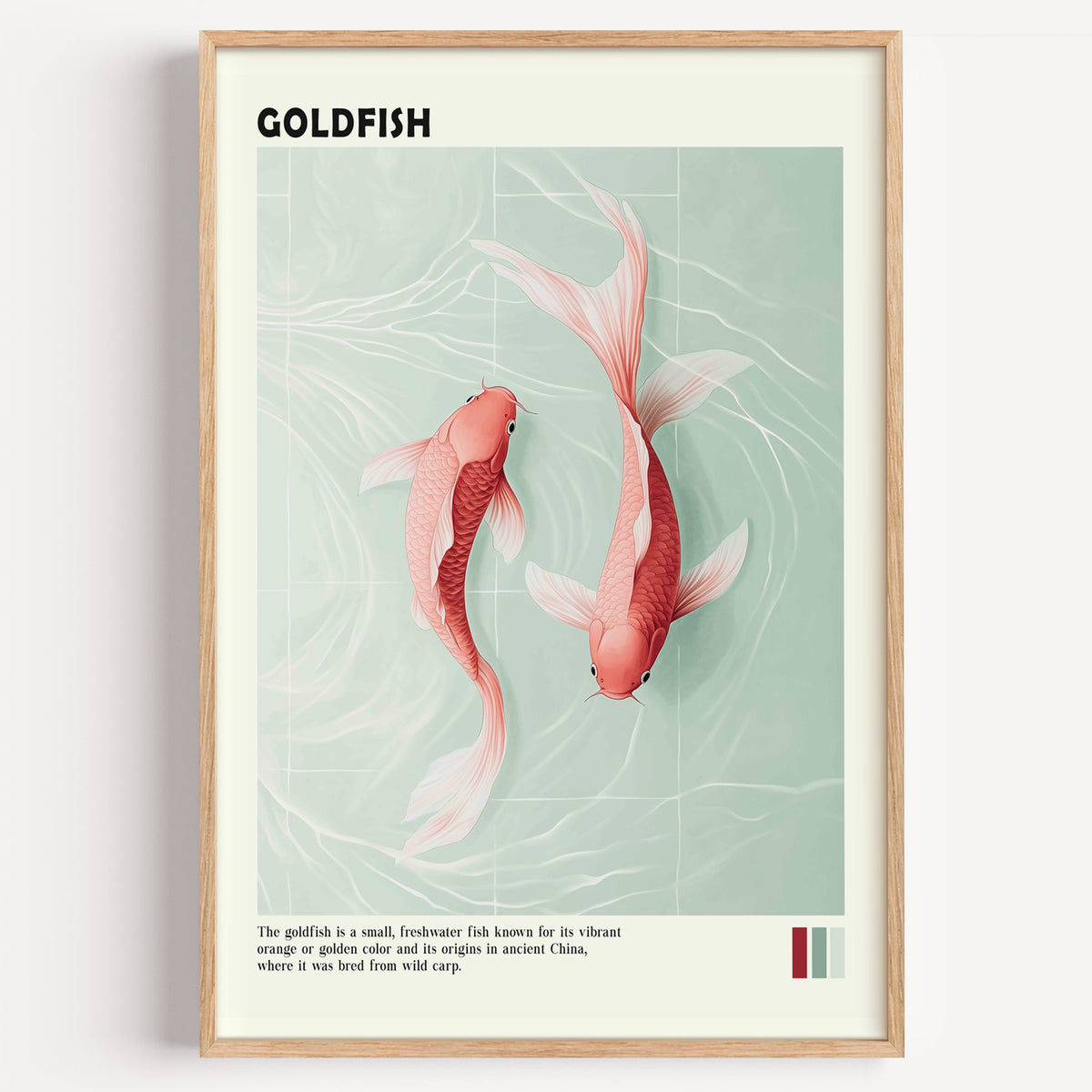 Pink goldfish pair on mint water print in a light oak frame on a plain white wall
