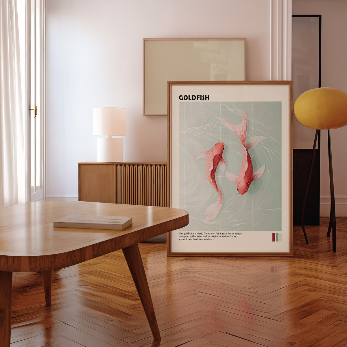 Pink goldfish pair on mint water print in a walnut frame leaning in a mid-century living room