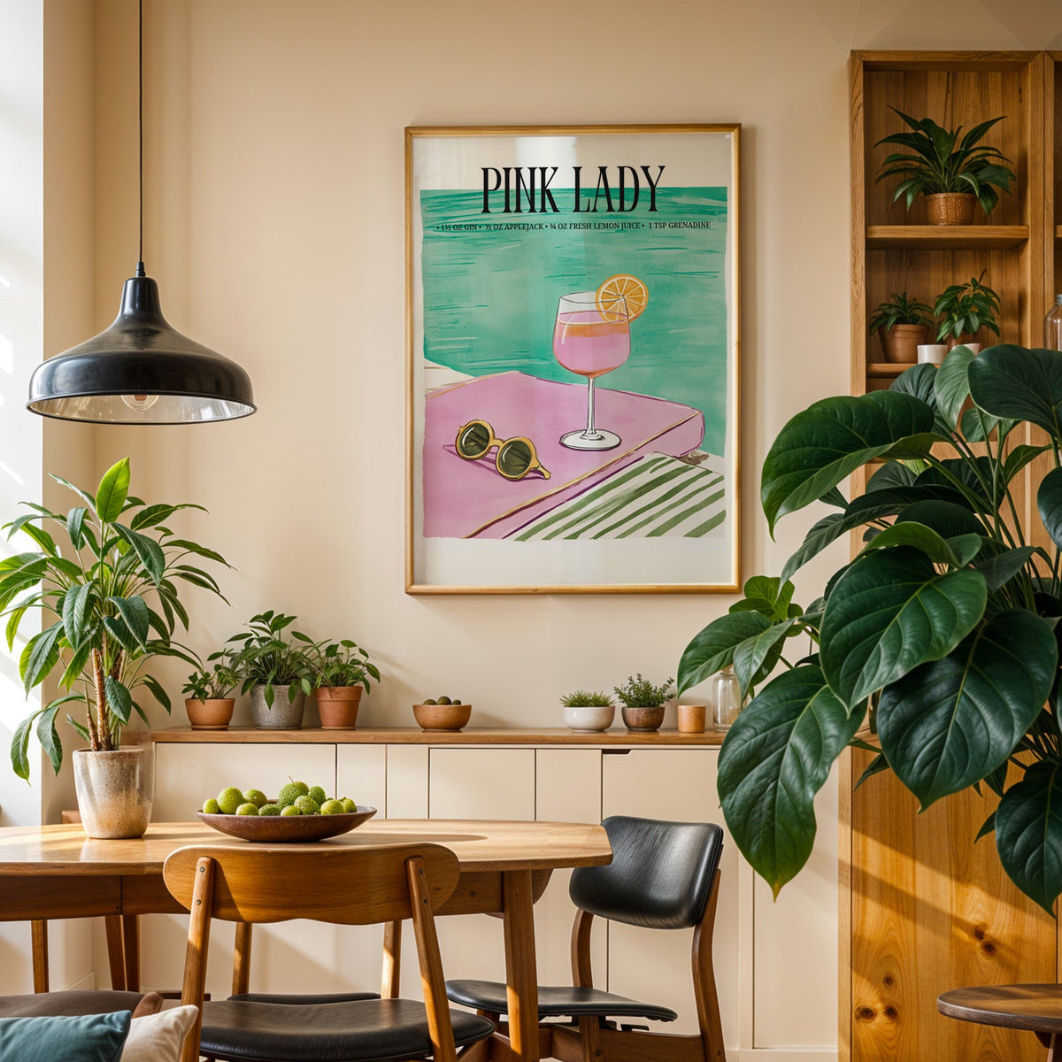 Pink Lady cocktail print in an oak frame in a dining room above a plant-lined sideboard