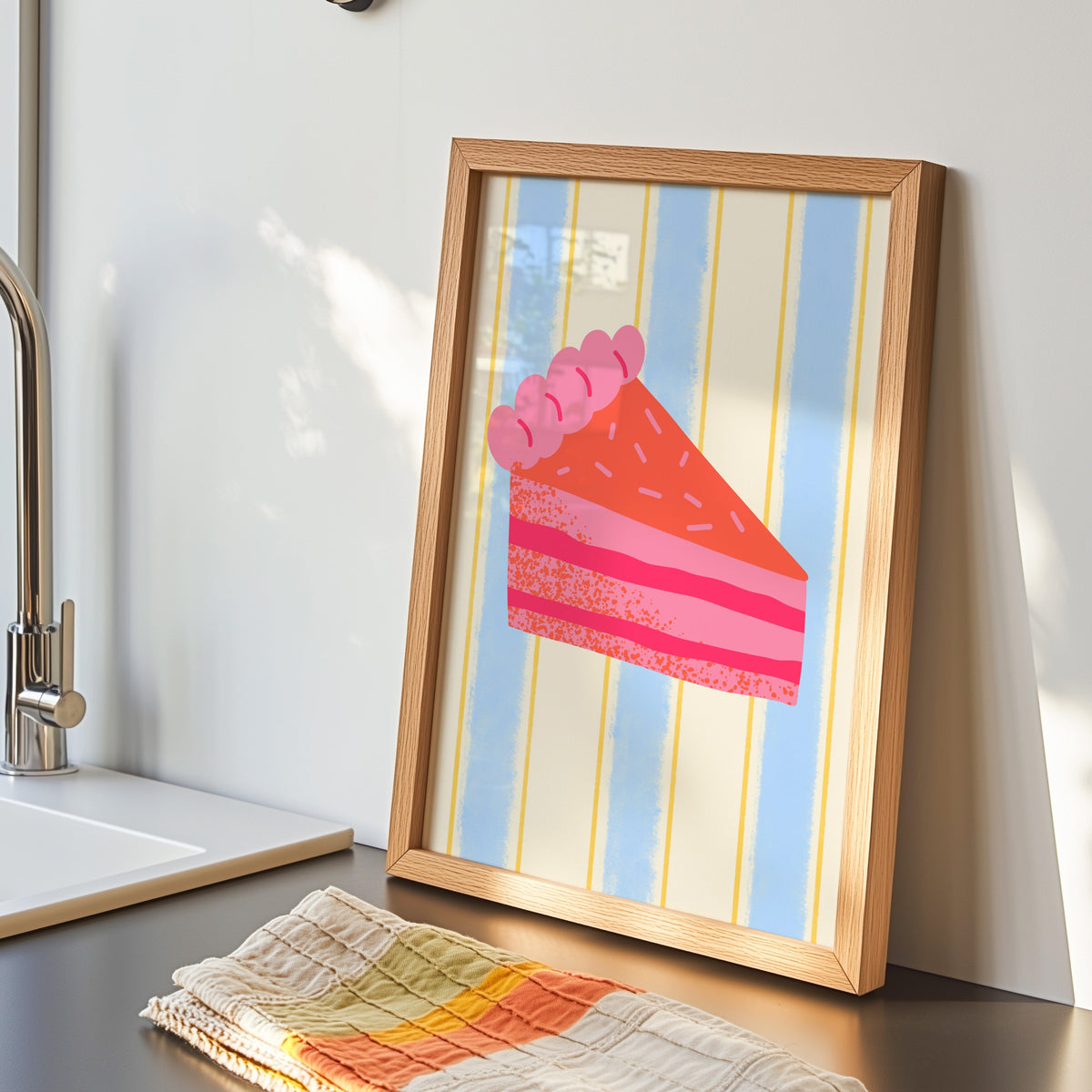 Pink layer cake print in an oak frame by the kitchen sink with a striped tea towel