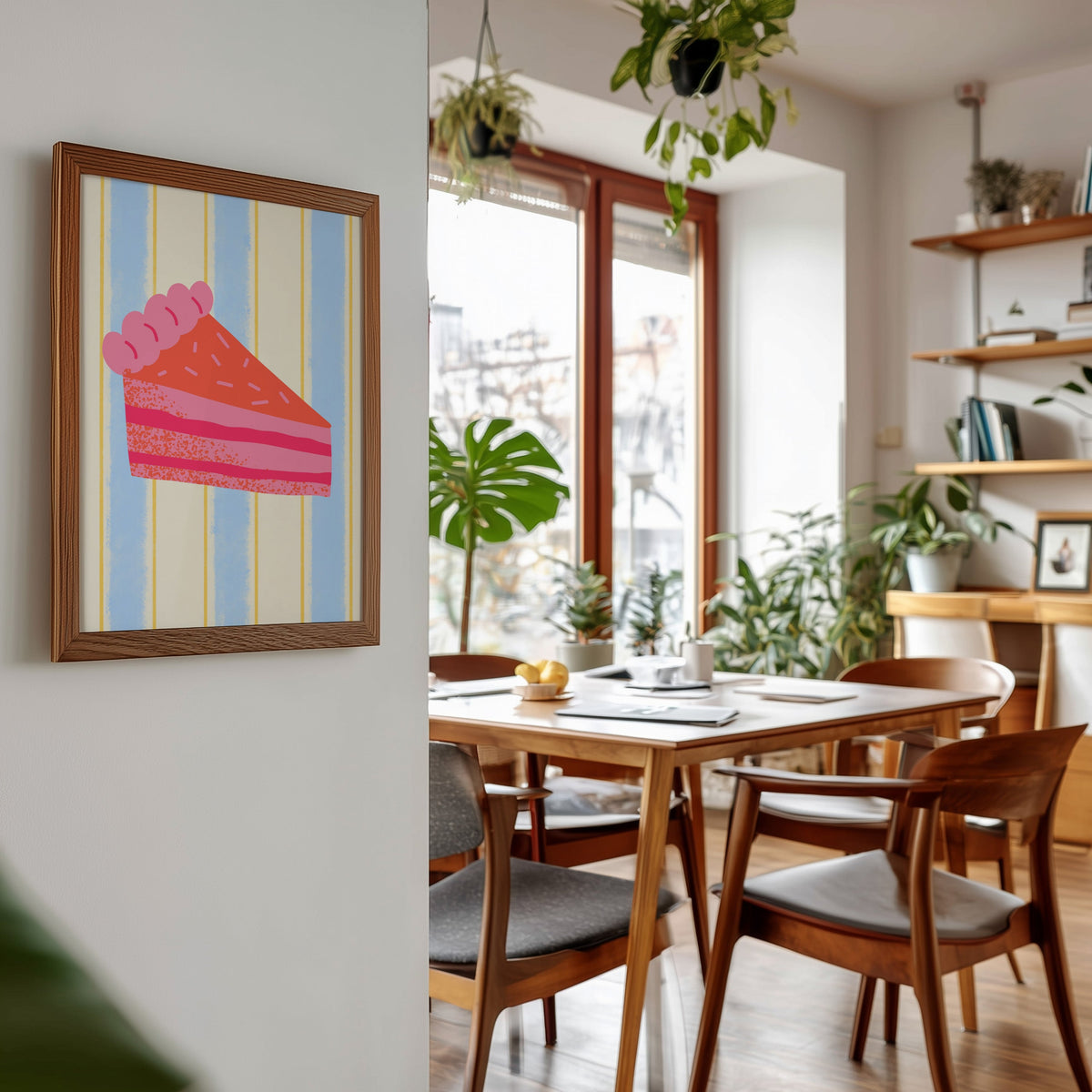 Pink layer cake print in a walnut frame beside a mid-century dining table